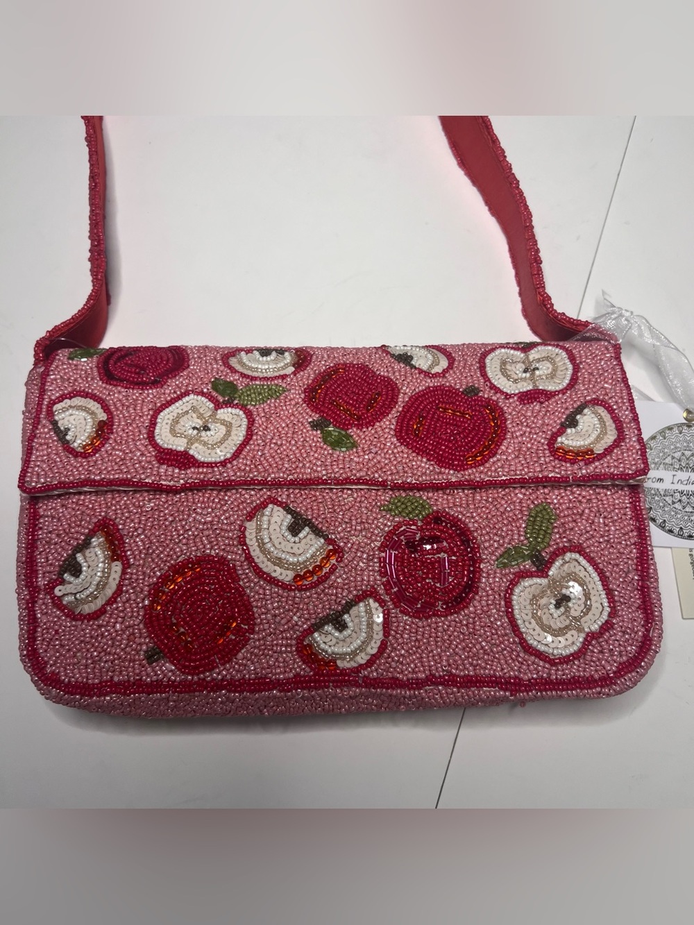 Rare Beaded from India to you Pink Apple-Print Shoulder Bag